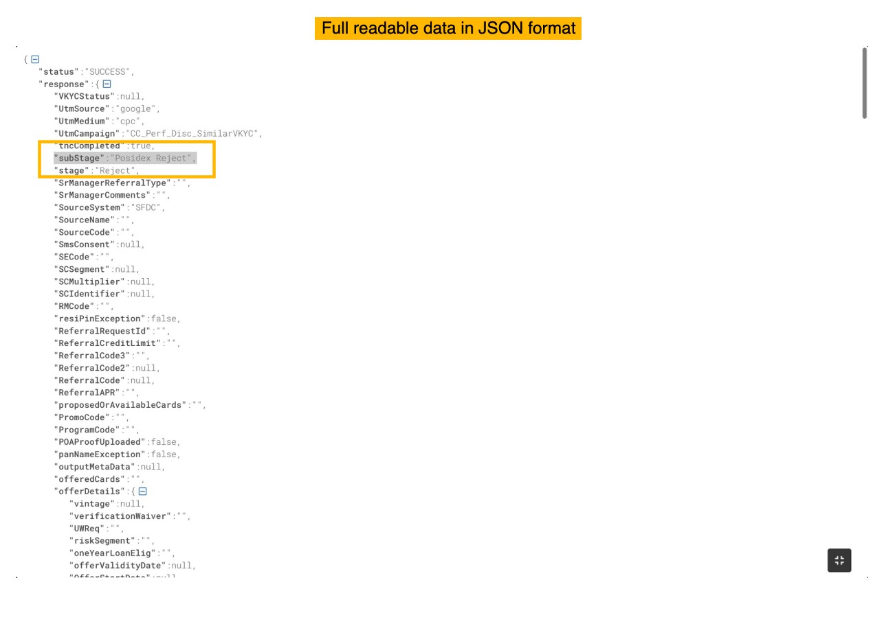 Decrypted JSON showing Posidex Reject in subStage