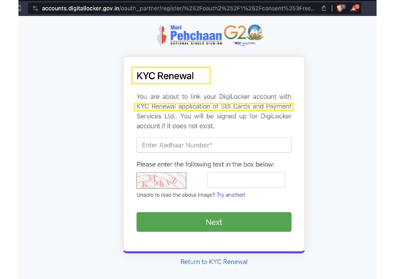 Legitimate DigiLocker consent screen with SBI Cards partner branding