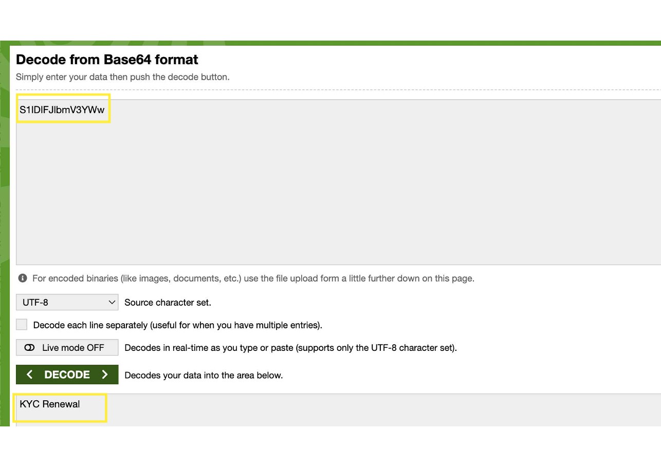 Decoding app_name parameter revealing plaintext KYC Renewal