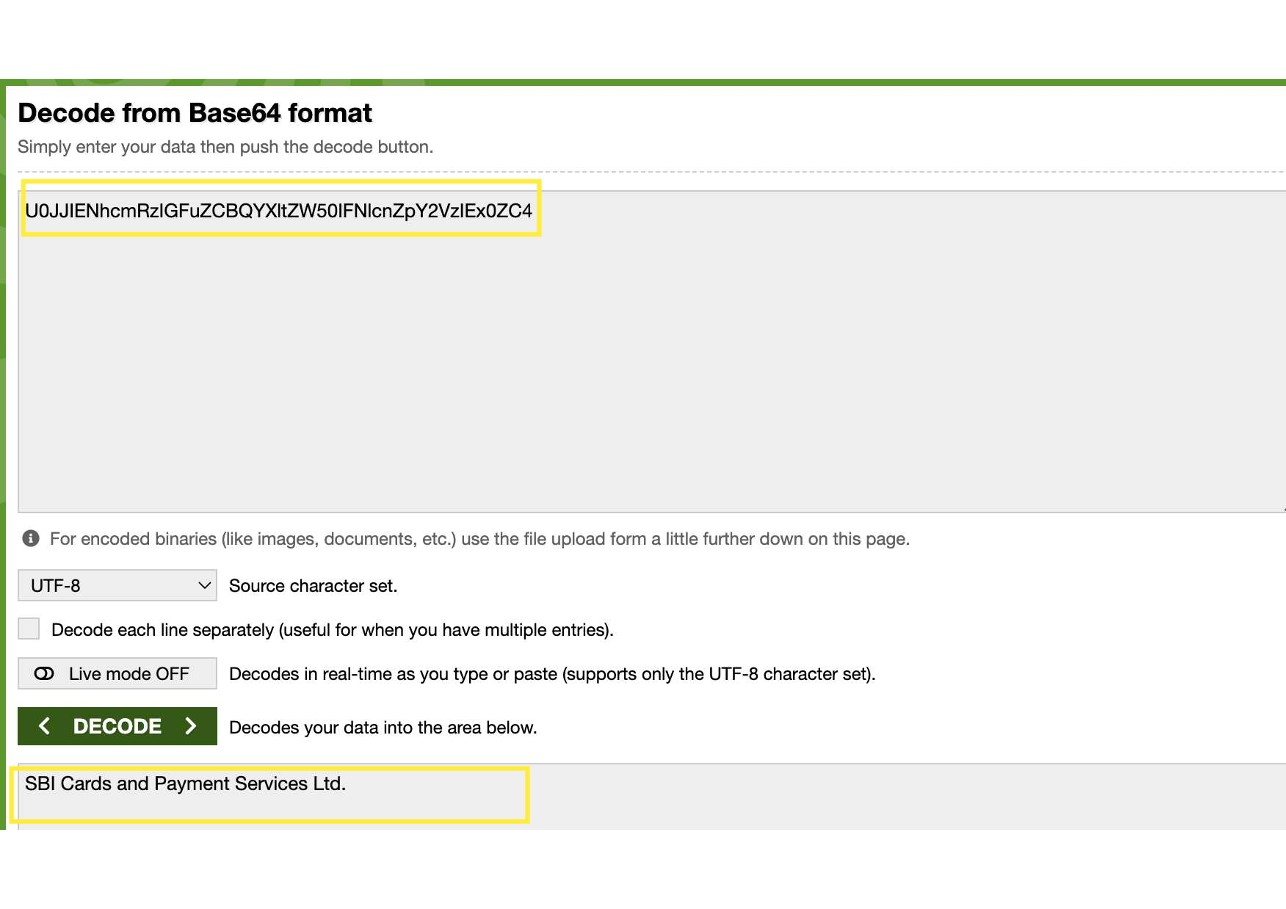 Decoding partner_name parameter revealing plaintext SBI Cards and Payment Services Ltd.