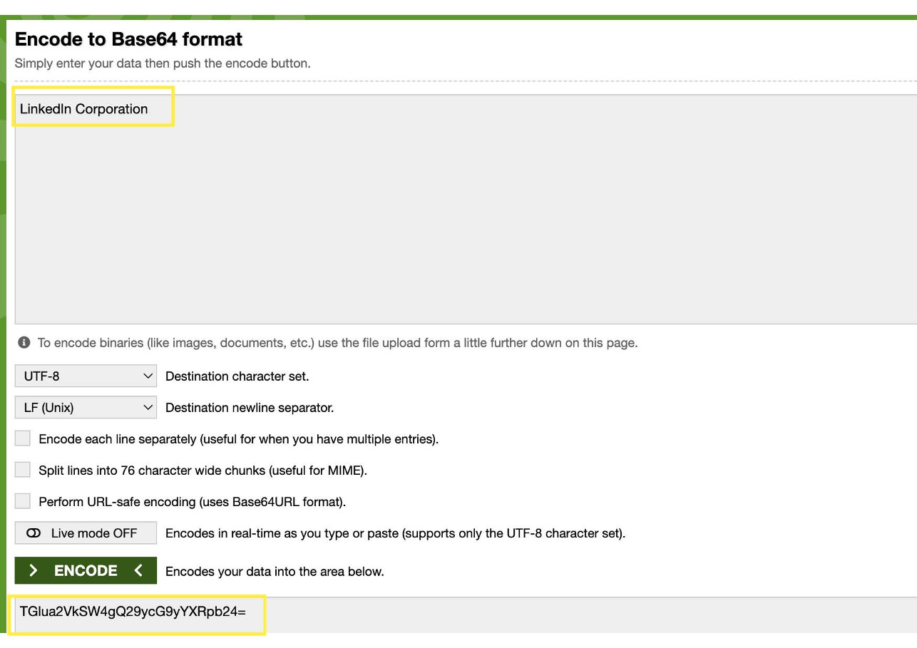 Base64 encoding arbitrary partner name LinkedIn Corporation