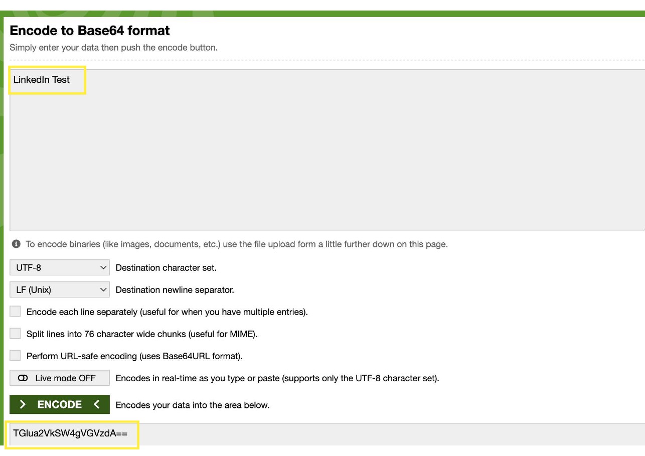 Base64 encoding arbitrary app name LinkedIn Test