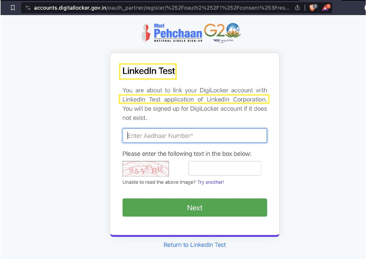 Spoofed DigiLocker OAuth consent screen displaying LinkedIn Test branding