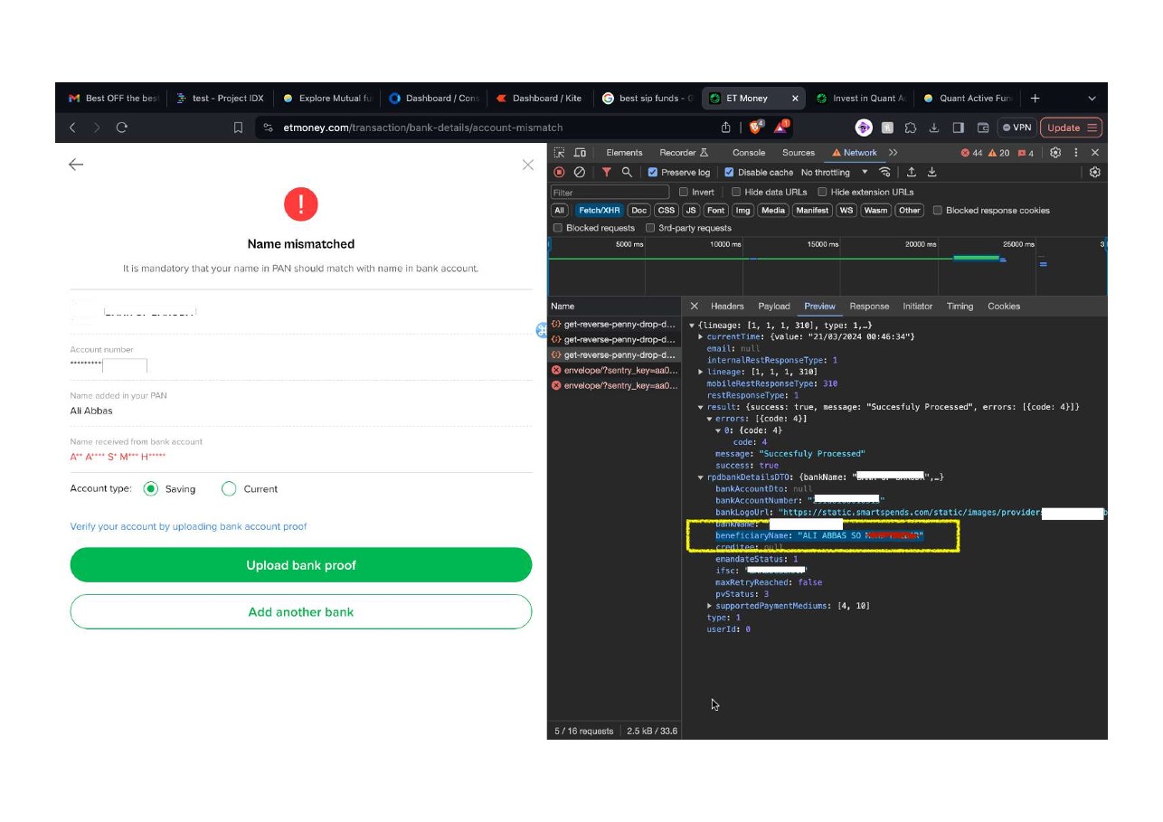 Network tab response showing beneficiaryName with S/O appended