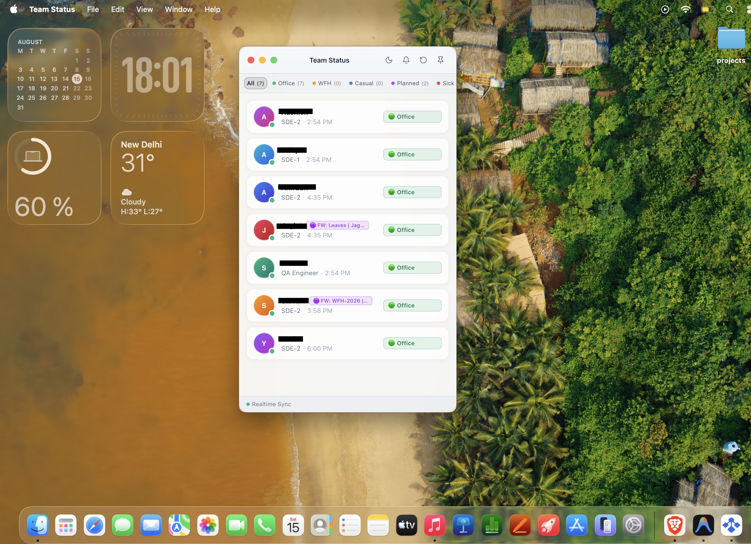 Glassmorphic Team Status Desktop Widget on macOS Sequoia