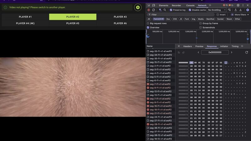 DevTools Network panel showing woff2 segments and hex dump response with MP4 boxes