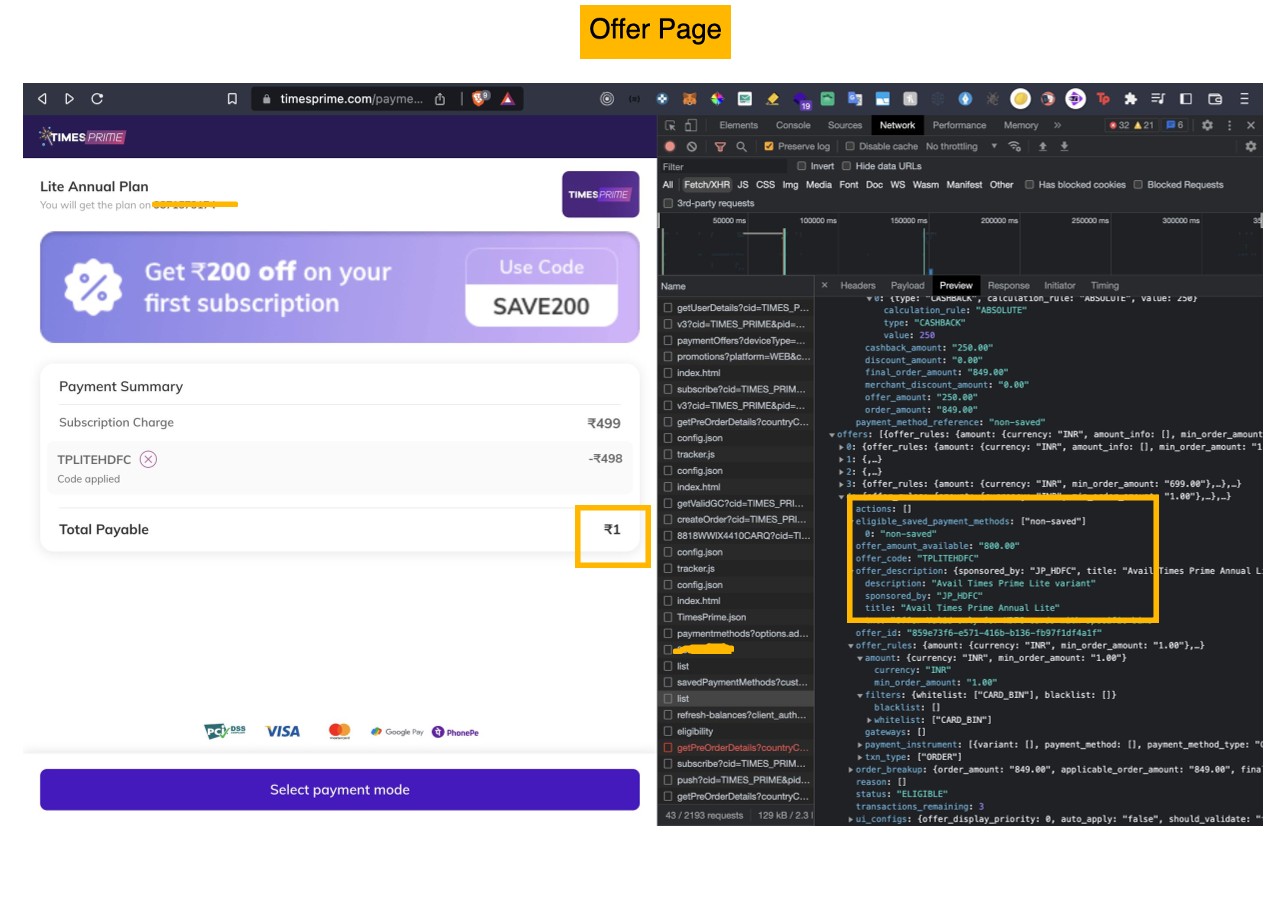Uncovering hidden offer code TPLITEHDFC in API preview