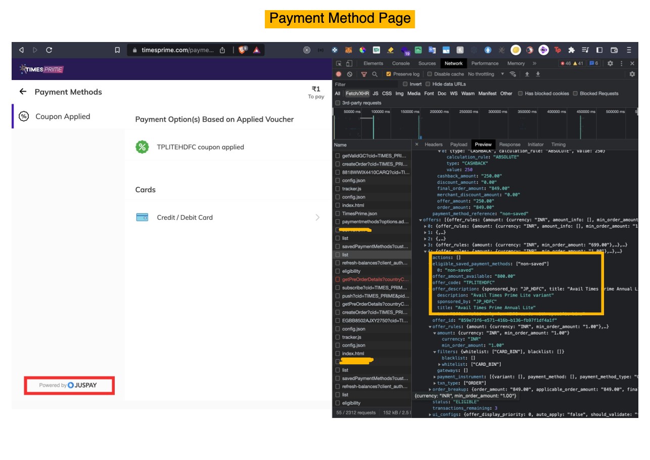 Payment method selection with TPLITEHDFC applied via Juspay