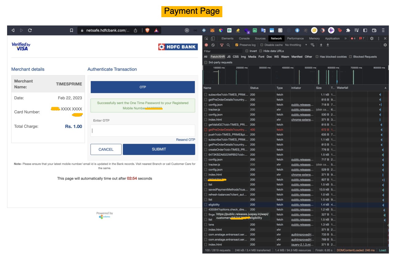 HDFC Bank 3D Secure OTP page charging exactly Rs 1.00