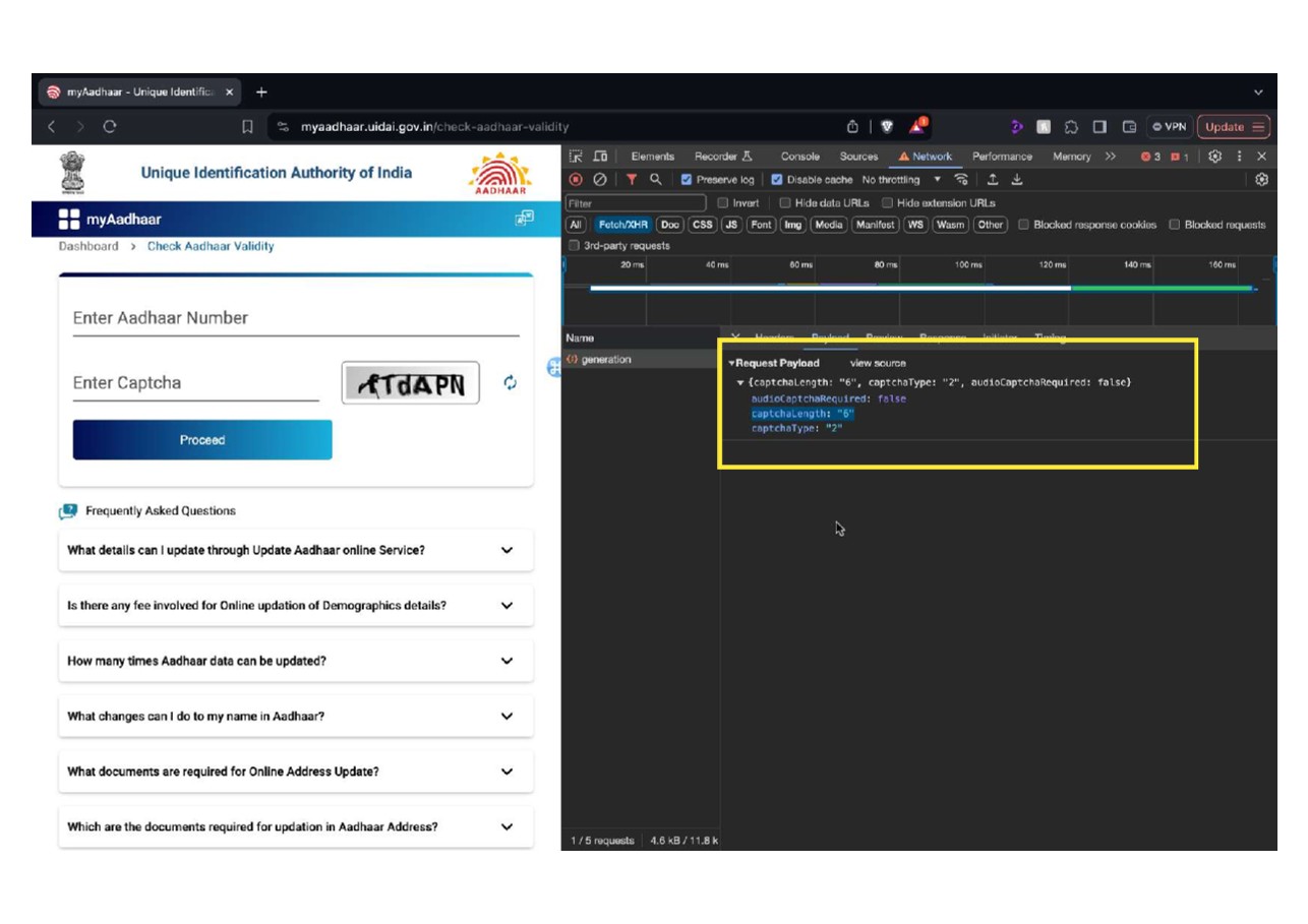 Network request payload with captchaLength parameter