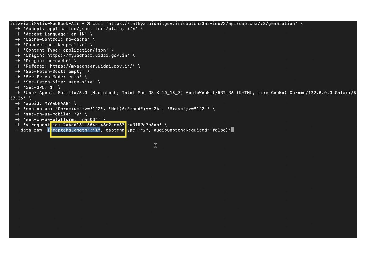 Modifying curl request payload with captchaLength 1