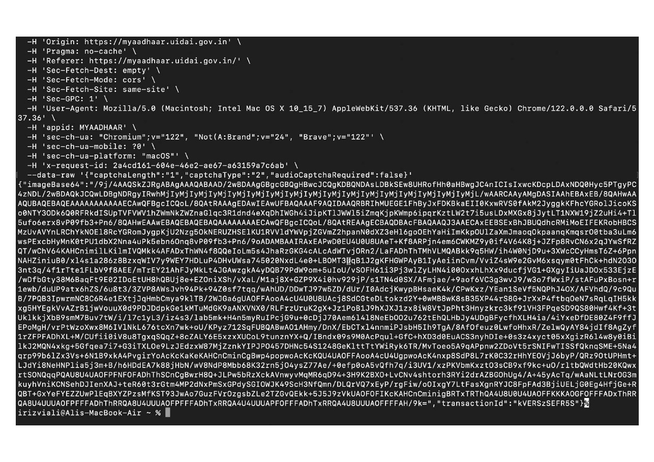 Server response containing base64 image data for 1-char captcha