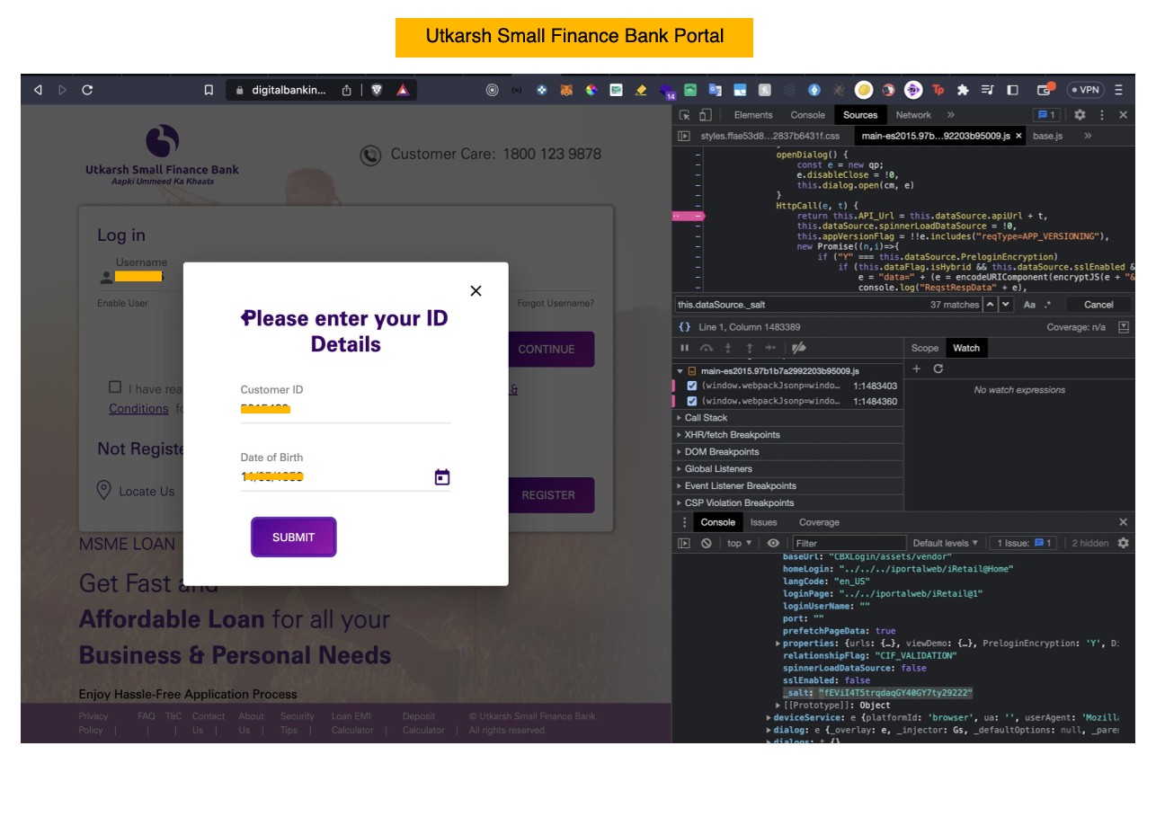 Utkarsh Small Finance Bank portal login and initial dataSource salt inspection