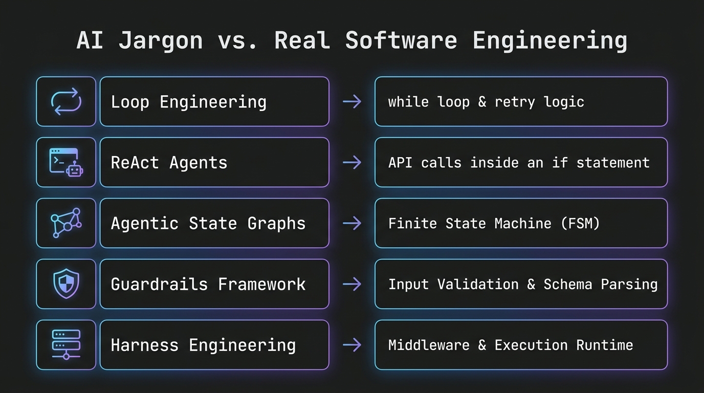 AI Jargon vs Real Software Engineering Infographic
